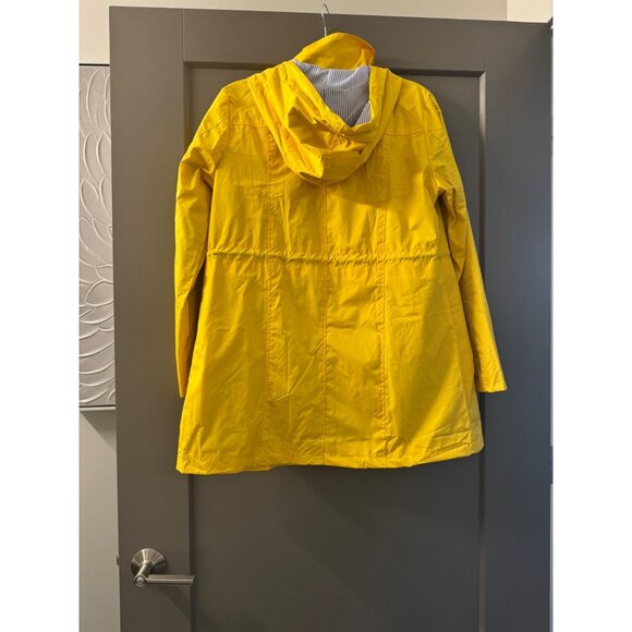 Yellow Hooded Rain Jacket With Drawstring & Snap Closures Size S Striped Lining - Picture 2 of 8